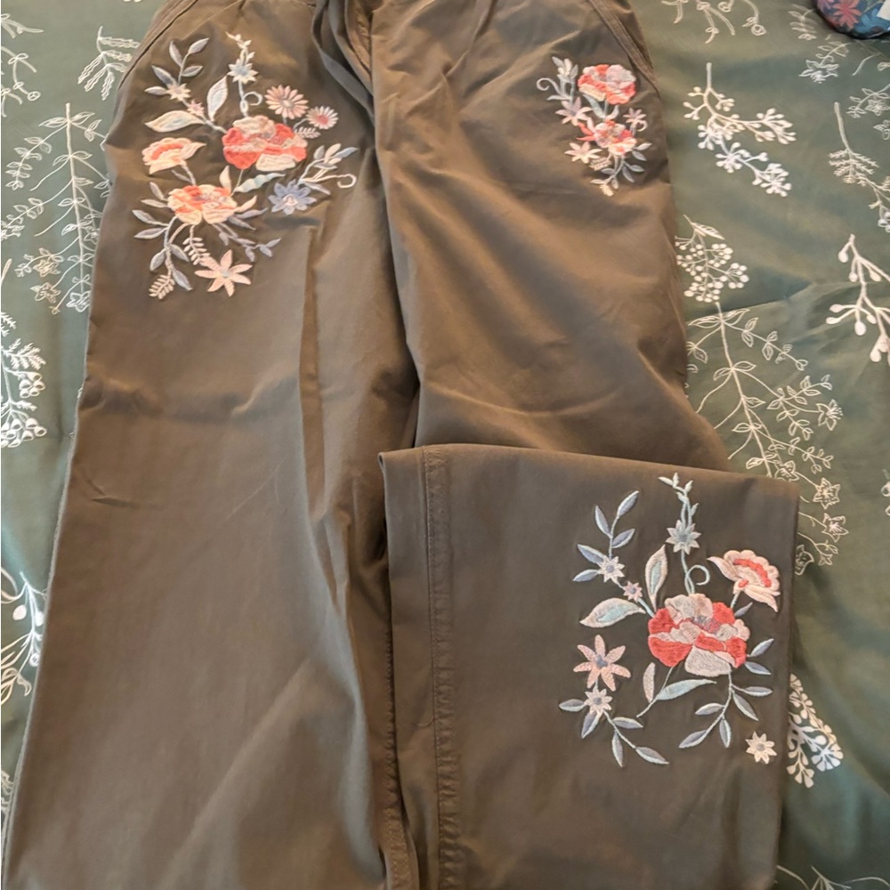 Style & Co. Olive Floral Embroidered Boot Cut Pants